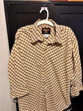 El General Womens XL Plaid Shirt Eagle Skull Graphic Western Blouse Belled Cuffs